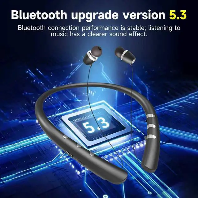 Alt view image 2 of 6 - Bluetooth 5.3 Neckband Bluetooth Headphone, Sweat Resistant Noise Cancelling Stereo Headphones, and Retractable Ear Tips for Music, Conference, Videos (Bright Black)