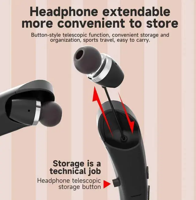 Alt view image 5 of 6 - Bluetooth 5.3 Neckband Bluetooth Headphone, Sweat Resistant Noise Cancelling Stereo Headphones, and Retractable Ear Tips for Music, Conference, Videos (Bright Black)