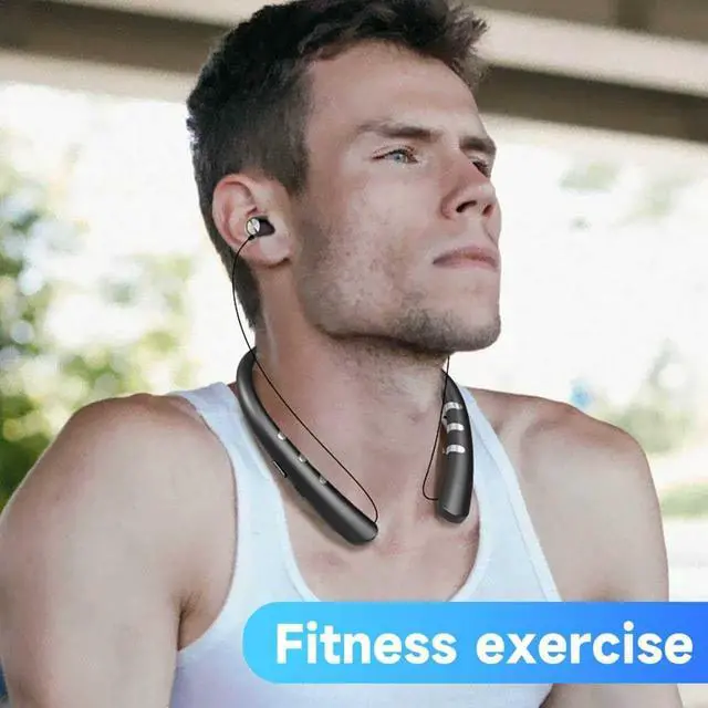 Alt view image 6 of 6 - Bluetooth 5.3 Neckband Bluetooth Headphone, Sweat Resistant Noise Cancelling Stereo Headphones, and Retractable Ear Tips for Music, Conference, Videos (Bright Black)