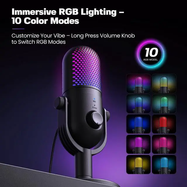 Alt view image 2 of 6 - USB Microphone for PC Gaming: Condenser Microphone RGB for Gamer with Stand Mic - Recording Mic for Computer&Laptop with Qiuck Mute - Desk Podcast Mic for Podcast & Singing & Streaming & Youtube Black
