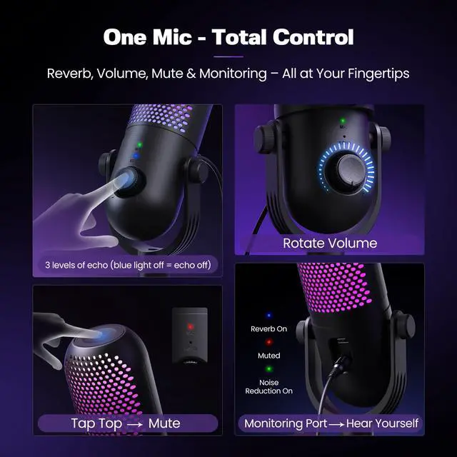 Alt view image 4 of 6 - USB Microphone for PC Gaming: Condenser Microphone RGB for Gamer with Stand Mic - Recording Mic for Computer&Laptop with Qiuck Mute - Desk Podcast Mic for Podcast & Singing & Streaming & Youtube Black
