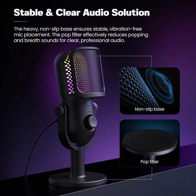 Alt view image 6 of 6 - USB Microphone for PC Gaming: Condenser Microphone RGB for Gamer with Stand Mic - Recording Mic for Computer&Laptop with Qiuck Mute - Desk Podcast Mic for Podcast & Singing & Streaming & Youtube Black