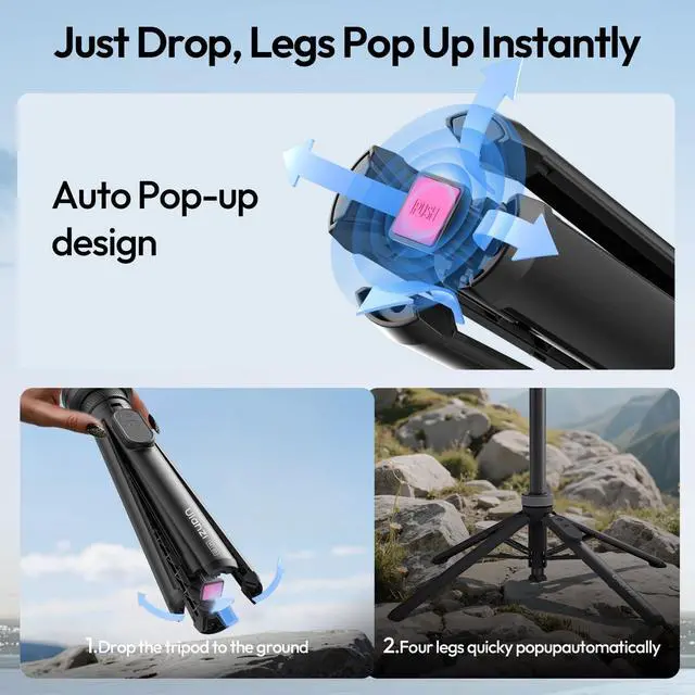 Alt view image 2 of 6 - MT85 60" Magnetic Phone Tripod for iPhone 17, Auto Open Selfie Stick | N52 Magnetic, Aluminum, Enhanced 4-Leg, Extendable Phone Stand for Magsafe w Remote for Travel Vlog Content Creator Essential
