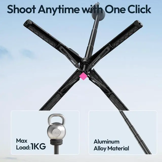Alt view image 3 of 6 - MT85 60" Magnetic Phone Tripod for iPhone 17, Auto Open Selfie Stick | N52 Magnetic, Aluminum, Enhanced 4-Leg, Extendable Phone Stand for Magsafe w Remote for Travel Vlog Content Creator Essential