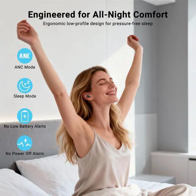 Alt view image 6 of 6 - T33 Sleep Earbuds, Bluetooth 6.0 Noise Cancelling Sleep Headphones for Side Sleepers, ANC Up to 98%, Sleep Mode, 48H Playtime, Small Earbuds Comfort Fit for Sleeping, Travel, Work, White
