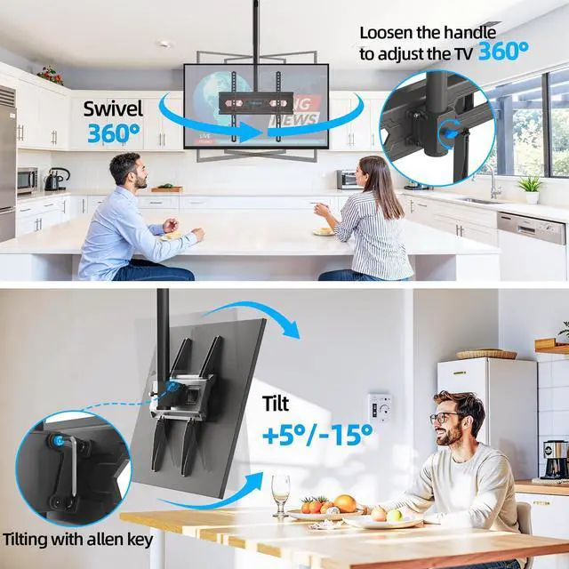 Alt view image 2 of 6 - Ceiling TV Mount for 26-65 inch TVs, 360° Swivel Full Motion Ceiling Mount TV Bracket, Height Adjustable, Tilt TVs Ceilings Mounts, Supports up to 110 Lbs, Max VESA 400x400mm