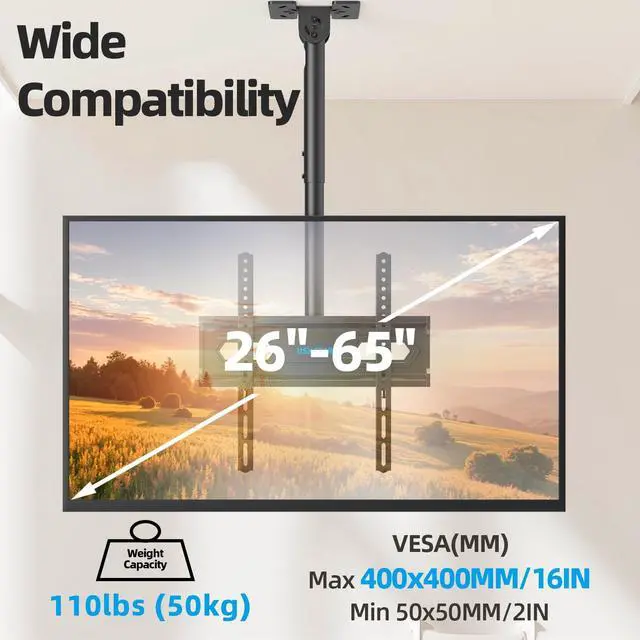 Alt view image 4 of 6 - Ceiling TV Mount for 26-65 inch TVs, 360° Swivel Full Motion Ceiling Mount TV Bracket, Height Adjustable, Tilt TVs Ceilings Mounts, Supports up to 110 Lbs, Max VESA 400x400mm