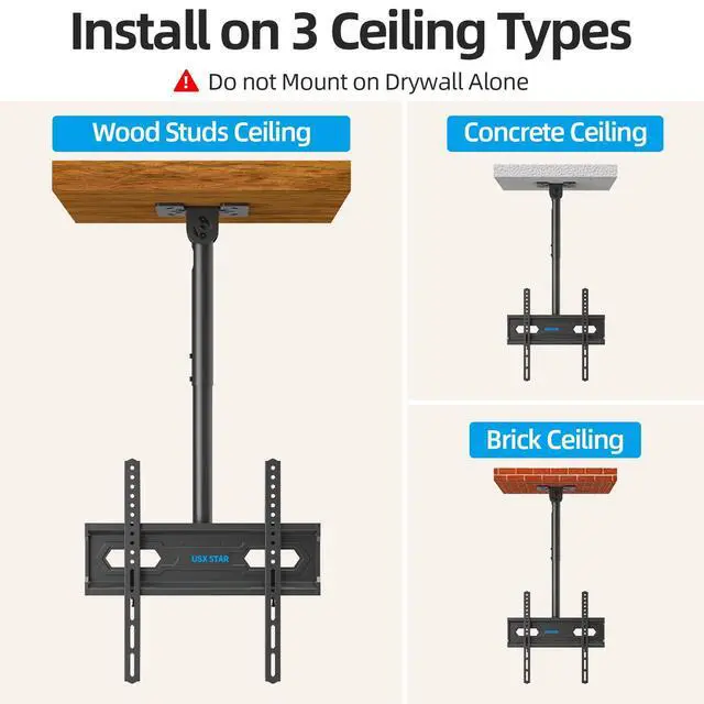 Alt view image 6 of 6 - Ceiling TV Mount for 26-65 inch TVs, 360° Swivel Full Motion Ceiling Mount TV Bracket, Height Adjustable, Tilt TVs Ceilings Mounts, Supports up to 110 Lbs, Max VESA 400x400mm