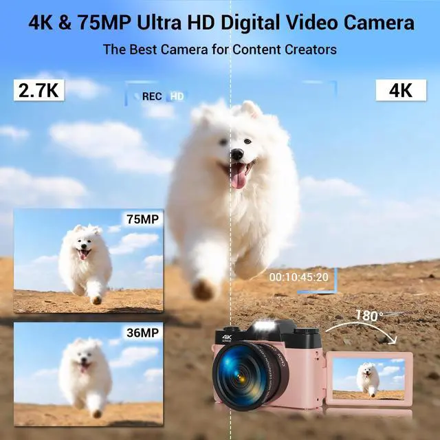 Alt view image 2 of 6 - 4K Digital Camera for Photography, 75MP WiFi Vlogging Camera for YouTube, 3" 180° Flip Screen Point and Shoot Camera with 64GB SD Card, Anti-Shak & 2 Batteries, Compact Travel Camera for Beginners