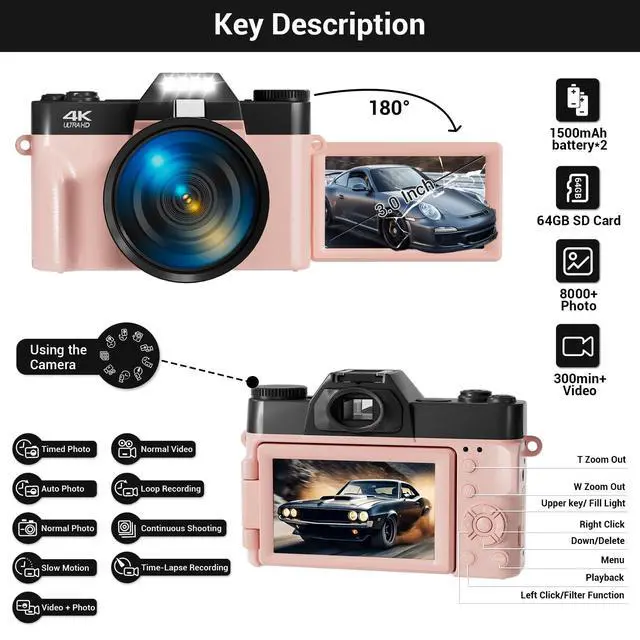 Alt view image 5 of 6 - 4K Digital Camera for Photography, 75MP WiFi Vlogging Camera for YouTube, 3" 180° Flip Screen Point and Shoot Camera with 64GB SD Card, Anti-Shak & 2 Batteries, Compact Travel Camera for Beginners