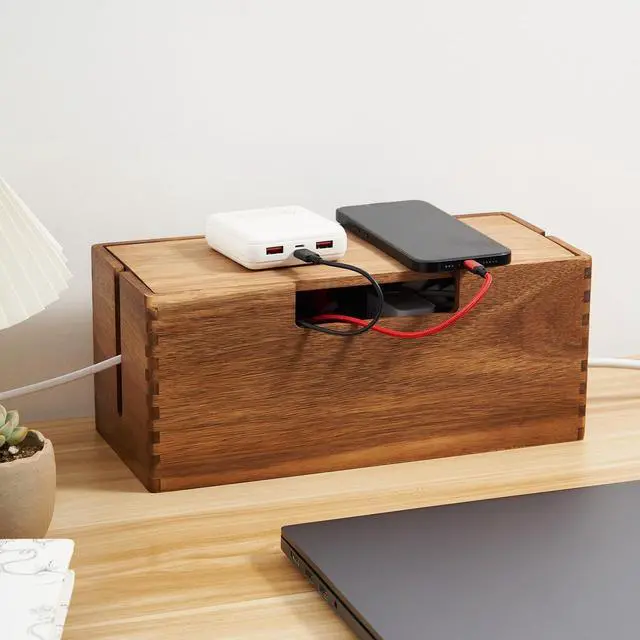 Main image of Acacia Wood Cable Management Box, Wooden Cord Hider & Organizer for Power Strip, Electrical Hiding, TV Wires, Desk & Floor Cables - Office Under Desk Cable Storage Box for Wire