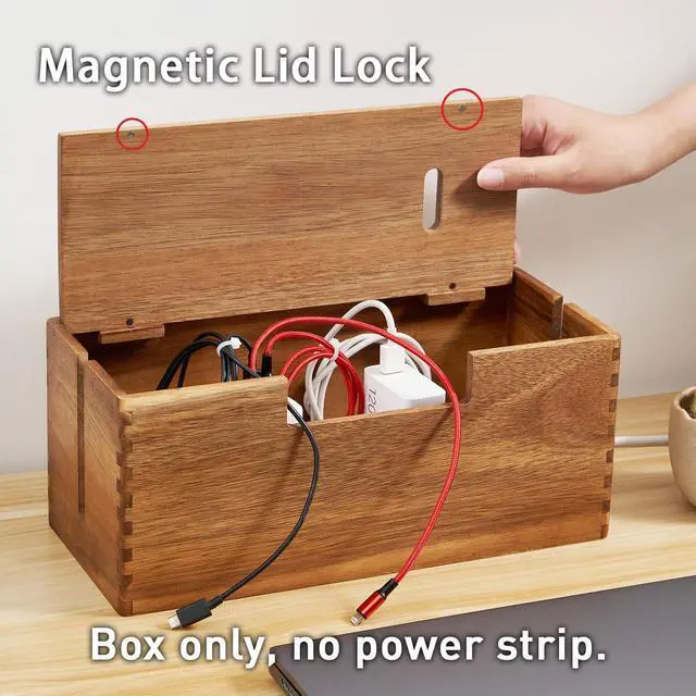 Alt view image 3 of 6 - Acacia Wood Cable Management Box, Wooden Cord Hider & Organizer for Power Strip, Electrical Hiding, TV Wires, Desk & Floor Cables - Office Under Desk Cable Storage Box for Wire