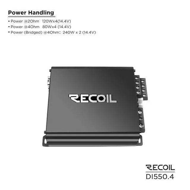 Alt view image 3 of 6 - DI550.4 Full-Range Class-D 4-Channel Car Audio Amplifier 1040W | RMS 130W x4 @2, 2-4 Ohm Stable, MOSFET, LPF, HPF, Bass EQ 4-Channel Amp