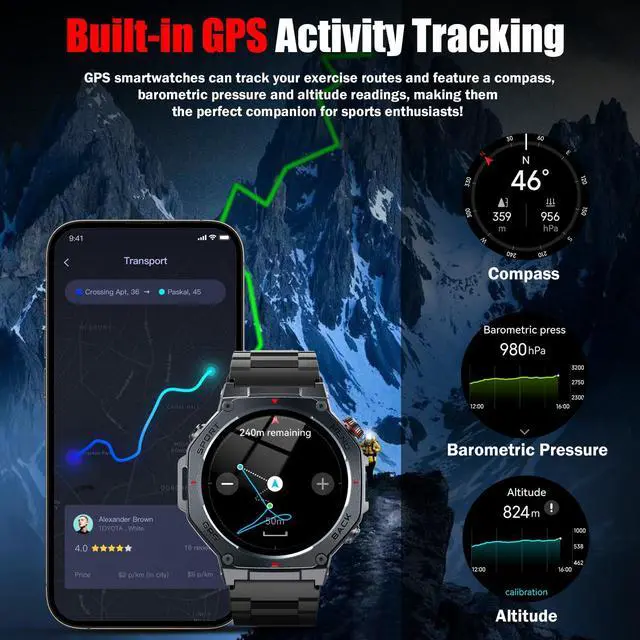 Alt view image 2 of 6 - Military Smart Watch for Men Built-in GPS with LED Flashlight | 1.43" AMOLED Display, 5ATM Waterproof, Compass, Fitness Tracker, Heart Rate/Sleep/Blood Oxygen, Watches for Android/iPhone