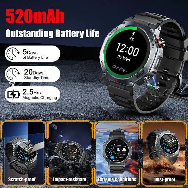 Alt view image 6 of 6 - Military Smart Watch for Men Built-in GPS with LED Flashlight | 1.43" AMOLED Display, 5ATM Waterproof, Compass, Fitness Tracker, Heart Rate/Sleep/Blood Oxygen, Watches for Android/iPhone