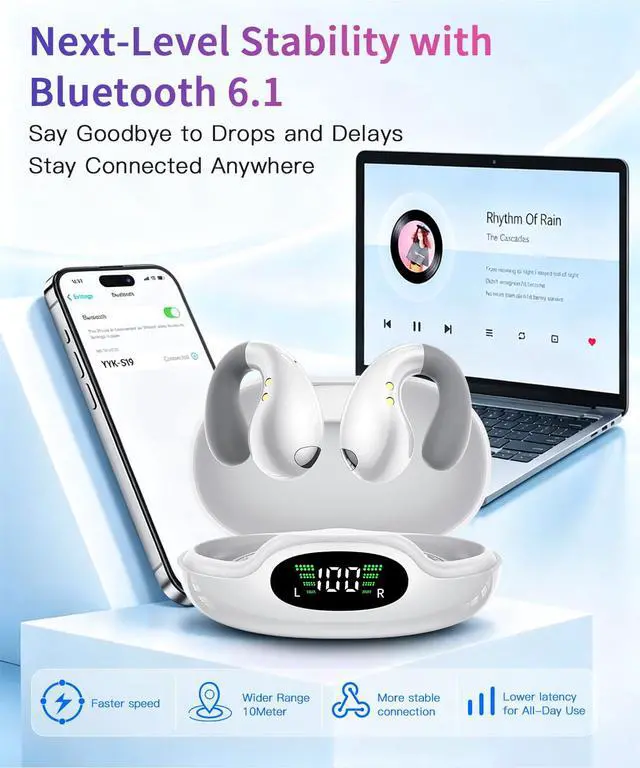 Alt view image 2 of 6 - Upgraded Ultra Open Ear Earbuds - Lightweight Comfort Clip-On Wireless Bone Conduction Earbuds, Secure Fit & AI-Powered Clear Calls Bluetooth Open Ear Headphones for Work,Commute,Workout,Running,White