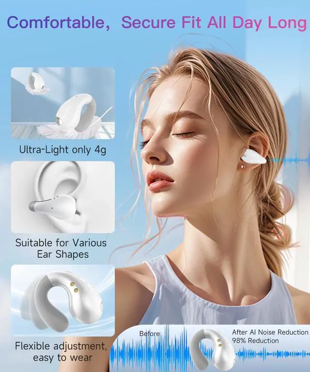 Alt view image 4 of 6 - Upgraded Ultra Open Ear Earbuds - Lightweight Comfort Clip-On Wireless Bone Conduction Earbuds, Secure Fit & AI-Powered Clear Calls Bluetooth Open Ear Headphones for Work,Commute,Workout,Running,White