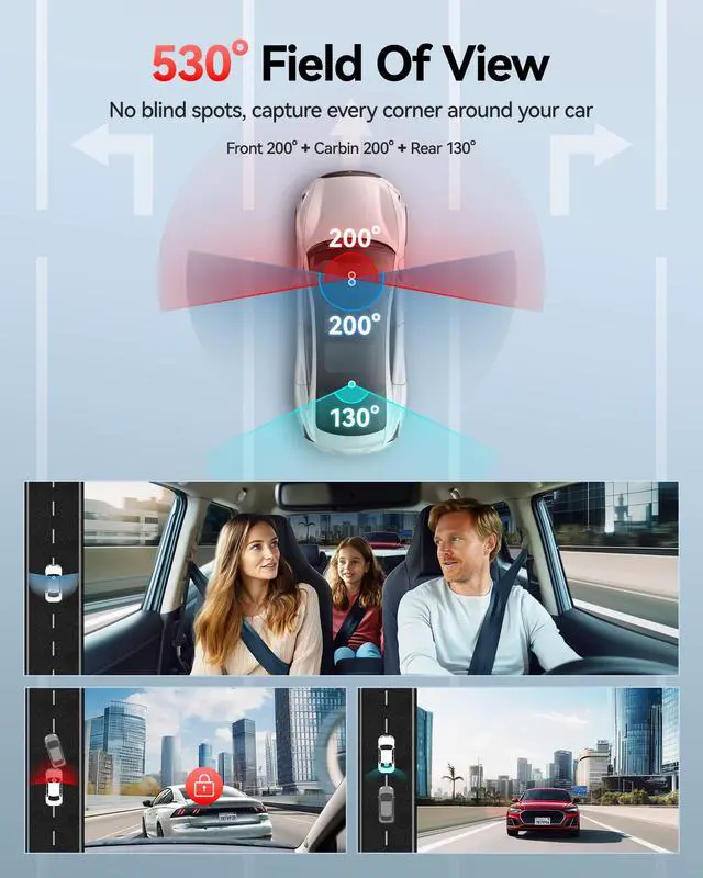 Alt view image 2 of 6 - VP20 530° View 3 Channel Dash Cam, 2.5K+2.5K+1080P, Touch Screen | 1440P HD Car Camera, 4 IR Night Vision, Built-in GPS, WiFi APP Control, Loop & Lock Video Surveillance, 24H Parking Mode