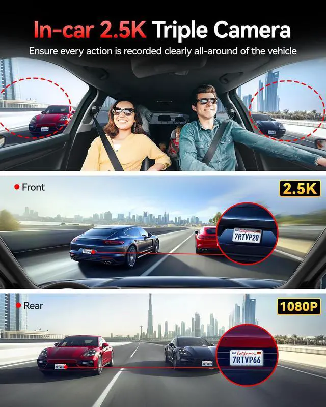 Alt view image 3 of 6 - VP20 530° View 3 Channel Dash Cam, 2.5K+2.5K+1080P, Touch Screen | 1440P HD Car Camera, 4 IR Night Vision, Built-in GPS, WiFi APP Control, Loop & Lock Video Surveillance, 24H Parking Mode
