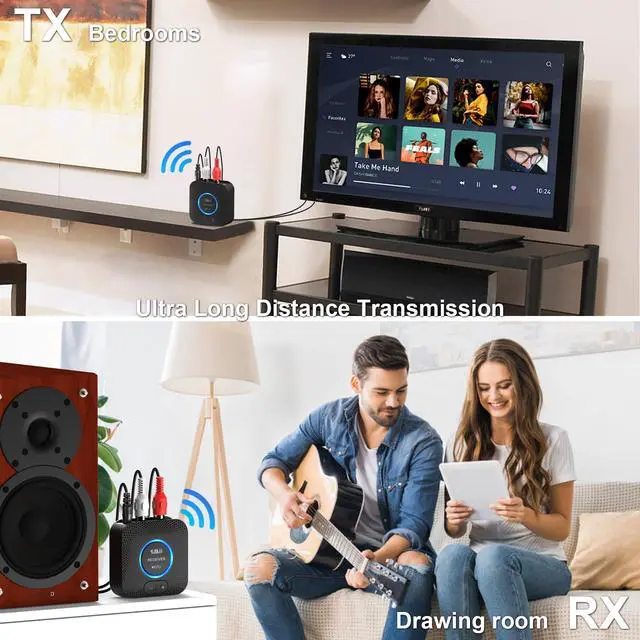 Alt view image 2 of 6 - 2.4GHz Wireless Audio Transmitter Receiver Set (1 TX+1 RX) for TV, 262Ft/80M Long Range 25ms Low Latency with AUX RCA in/Out, Wireless Audio Adapter for TV PC Powered Speaker Amplifier Soundbar