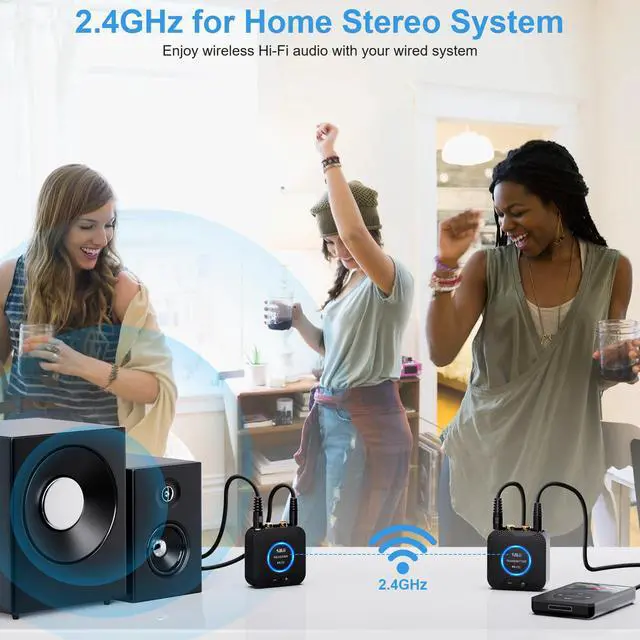 Alt view image 4 of 6 - 2.4GHz Wireless Audio Transmitter Receiver Set (1 TX+1 RX) for TV, 262Ft/80M Long Range 25ms Low Latency with AUX RCA in/Out, Wireless Audio Adapter for TV PC Powered Speaker Amplifier Soundbar