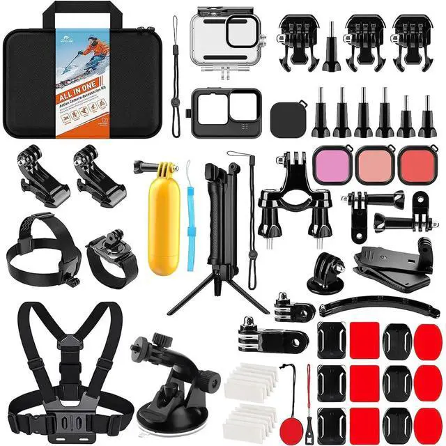 Main image of Action Camera Accessories Kit for GoPro Hero 13 12 11 10 9 Black | Waterproof Housing+Silicone Case+ Adjustable Arm+Head Chest Wrist Strap+Bike Mount+Suction Cup+Floating Grip Bundle Set 63in1