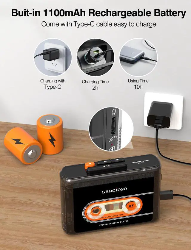 Alt view image 4 of 6 - Bluetooth Cassette Tape Player with 1100mAh Rechargeable Battery | Connect Bluetooth Headphone-Up to 10H Playtime-With Earphone-Back Clip for Secured Carry - Cassette Player for Home,Park