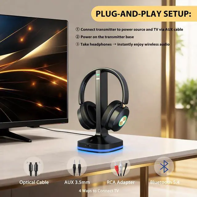 Alt view image 2 of 6 - Wireless Headphones for TV, TV Headphones Wireless for Senior with Digital Optical RCA AUX 3.5 MM Transmitter Charging Dock, Over Ear Headphones with Low Latency & HiFi Sound, Gifts for Parent/Elderly