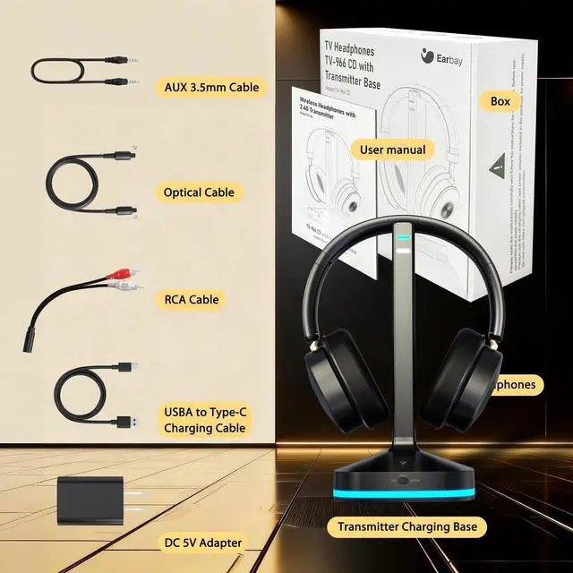 Alt view image 6 of 6 - Wireless Headphones for TV, TV Headphones Wireless for Senior with Digital Optical RCA AUX 3.5 MM Transmitter Charging Dock, Over Ear Headphones with Low Latency & HiFi Sound, Gifts for Parent/Elderly