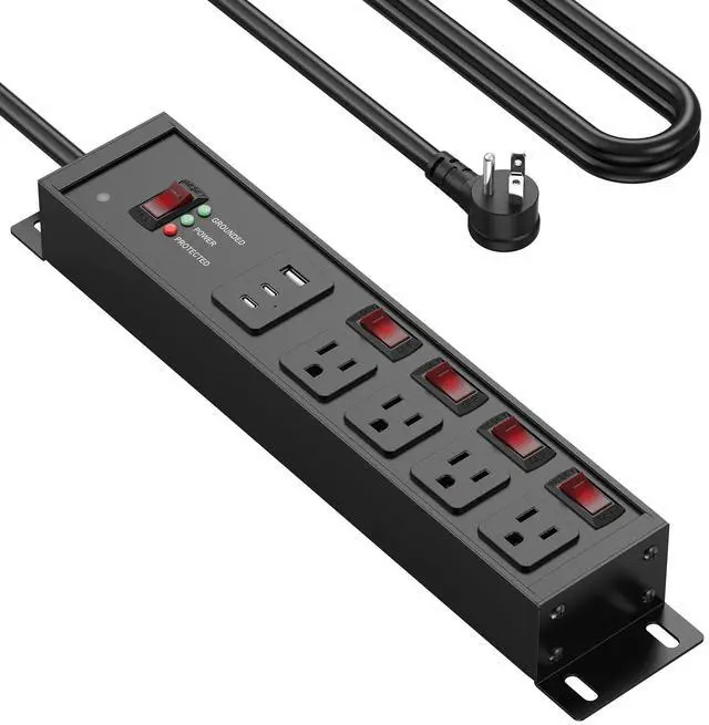 Main image of Heavy Duty Surge Protector, 12 Gauge, USB Ports. Black, 6FT, 1 | 20 Amp Individual Switches, Outdoor Extension Cord, Wall Flat Plug Extender, Grounding, Appliance, Garage Metal Power Strip