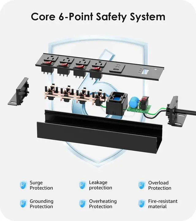 Alt view image 2 of 6 - Heavy Duty Surge Protector, 12 Gauge, USB Ports. Black, 6FT, 1 | 20 Amp Individual Switches, Outdoor Extension Cord, Wall Flat Plug Extender, Grounding, Appliance, Garage Metal Power Strip