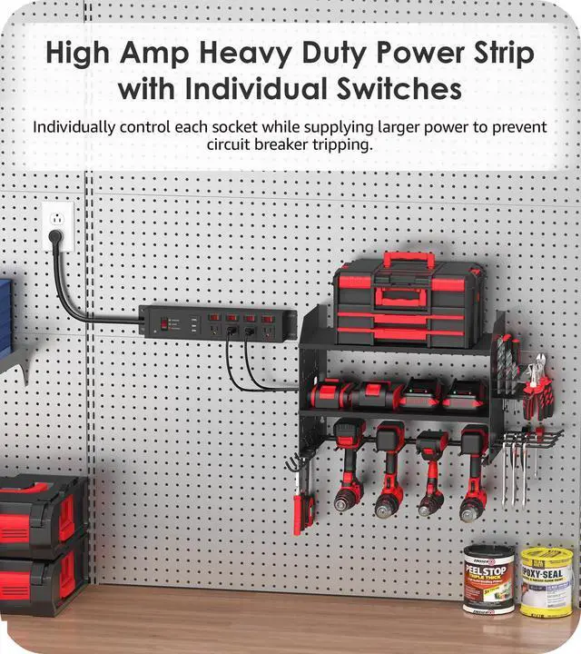 Alt view image 4 of 6 - Heavy Duty Surge Protector, 12 Gauge, USB Ports. Black, 6FT, 1 | 20 Amp Individual Switches, Outdoor Extension Cord, Wall Flat Plug Extender, Grounding, Appliance, Garage Metal Power Strip