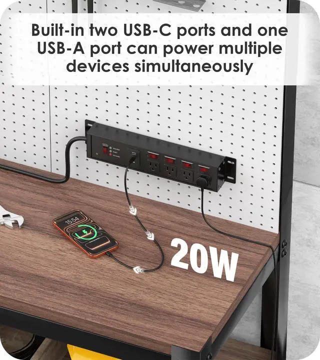 Alt view image 6 of 6 - Heavy Duty Surge Protector, 12 Gauge, USB Ports. Black, 6FT, 1 | 20 Amp Individual Switches, Outdoor Extension Cord, Wall Flat Plug Extender, Grounding, Appliance, Garage Metal Power Strip