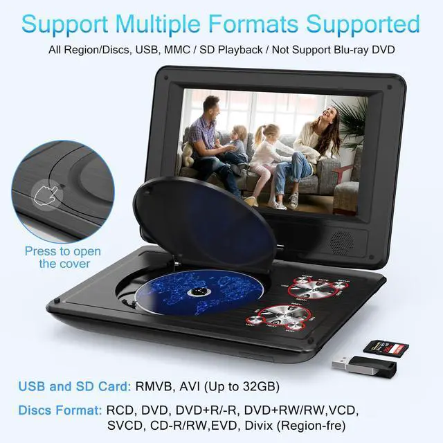 Alt view image 2 of 6 - 11.5"" Portable DVD Player with 9.5"" Swivel Screen, 5-Hours Rechargeable Battery,Car DVD Player,Support CD/DVD/SD Card/USB,Regions Free,Dual Speakers,Black