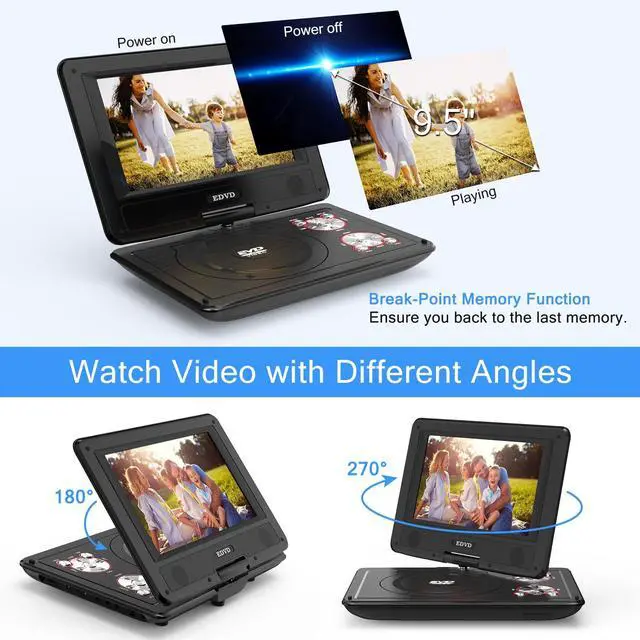 Alt view image 4 of 6 - 11.5"" Portable DVD Player with 9.5"" Swivel Screen, 5-Hours Rechargeable Battery,Car DVD Player,Support CD/DVD/SD Card/USB,Regions Free,Dual Speakers,Black
