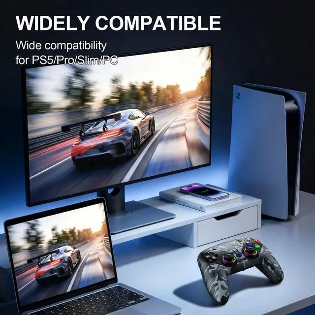 Alt view image 3 of 6 - LED Wireless Controller for PS5, Compatible with PS5 Pro/Slim/PC, Dual Vibration, Macro/Turbo Function, 3.5mm Audio Jack,1000mAh Battery, 6-Axis Motion Control Gamepad with Speaker