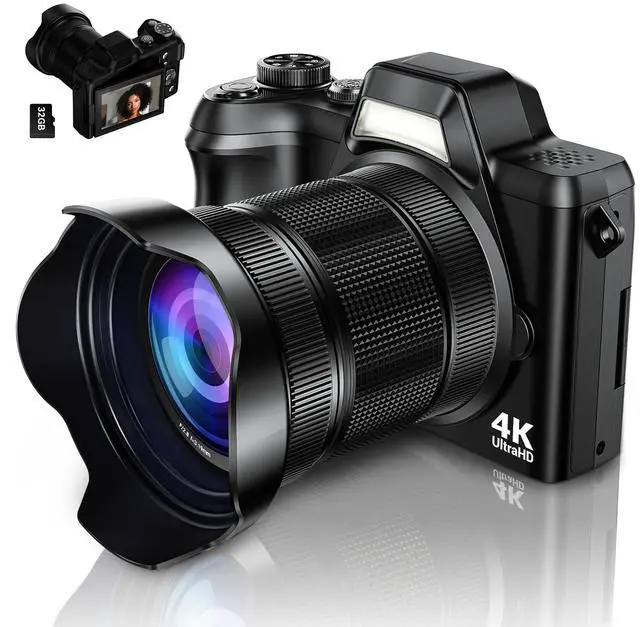 Main image of 4K Digital Camera for Photography, 56MP Autofocus Vlogging Camera for YouTube Travel, 3" 180°Flip Screen & Lens Hood 16X Zoom, 32GB SD Card for Teens & Beginners