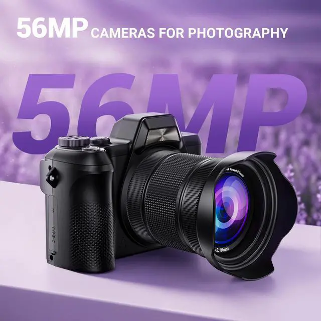 Alt view image 2 of 6 - 4K Digital Camera for Photography, 56MP Autofocus Vlogging Camera for YouTube Travel, 3" 180°Flip Screen & Lens Hood 16X Zoom, 32GB SD Card for Teens & Beginners