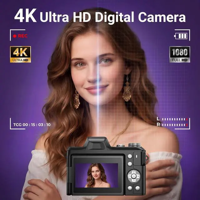 Alt view image 3 of 6 - 4K Digital Camera for Photography, 56MP Autofocus Vlogging Camera for YouTube Travel, 3" 180°Flip Screen & Lens Hood 16X Zoom, 32GB SD Card for Teens & Beginners