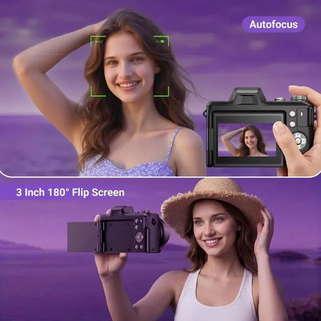 Alt view image 5 of 6 - 4K Digital Camera for Photography, 56MP Autofocus Vlogging Camera for YouTube Travel, 3" 180°Flip Screen & Lens Hood 16X Zoom, 32GB SD Card for Teens & Beginners