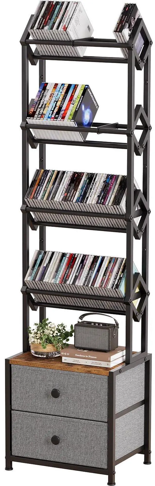 Main image of CD Storage Rack, DVD Storage Shelf Tower, Tilted Style | 5-Tier Compact Media Shelf with Fabric Drawers, Fits DVDs, Video Games, Books, For Living Room & Home Office, 58.7 in Tall