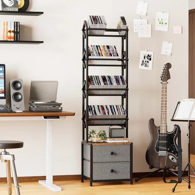 Alt view image 2 of 6 - CD Storage Rack, DVD Storage Shelf Tower, Tilted Style | 5-Tier Compact Media Shelf with Fabric Drawers, Fits DVDs, Video Games, Books, For Living Room & Home Office, 58.7 in Tall