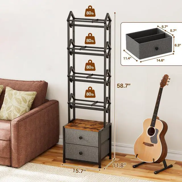 Alt view image 3 of 6 - CD Storage Rack, DVD Storage Shelf Tower, Tilted Style | 5-Tier Compact Media Shelf with Fabric Drawers, Fits DVDs, Video Games, Books, For Living Room & Home Office, 58.7 in Tall