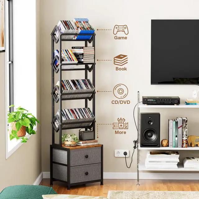 Alt view image 4 of 6 - CD Storage Rack, DVD Storage Shelf Tower, Tilted Style | 5-Tier Compact Media Shelf with Fabric Drawers, Fits DVDs, Video Games, Books, For Living Room & Home Office, 58.7 in Tall