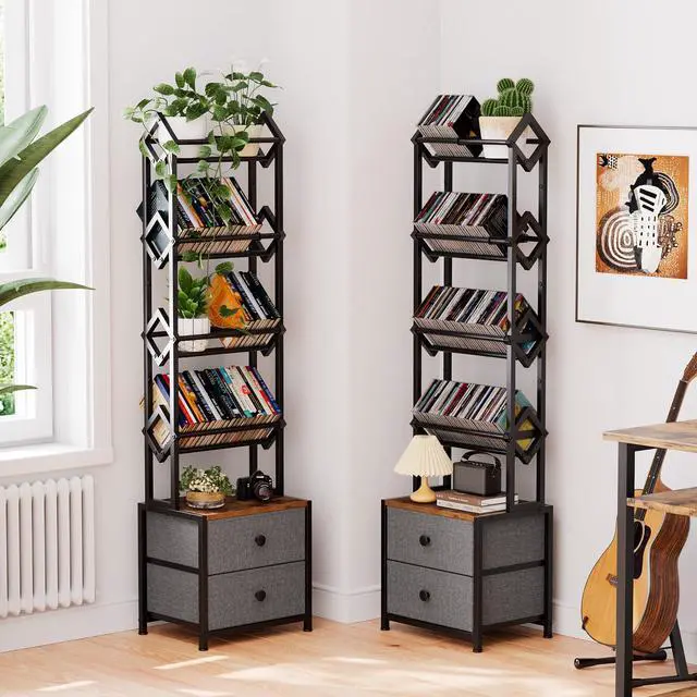 Alt view image 5 of 6 - CD Storage Rack, DVD Storage Shelf Tower, Tilted Style | 5-Tier Compact Media Shelf with Fabric Drawers, Fits DVDs, Video Games, Books, For Living Room & Home Office, 58.7 in Tall