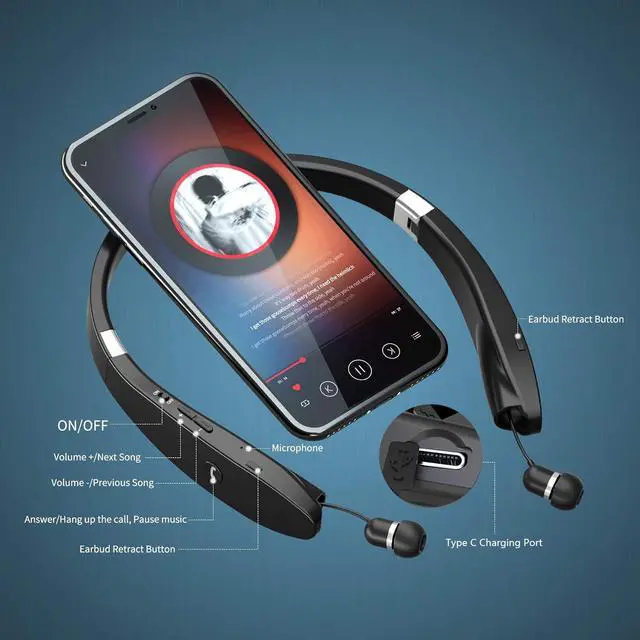Alt view image 2 of 6 - Foldable Bluetooth Headphones Wireless Neckband Headset with Retractable Earbuds, Sports Sweatproof Noise Cancelling Stereo Earphones with Mic