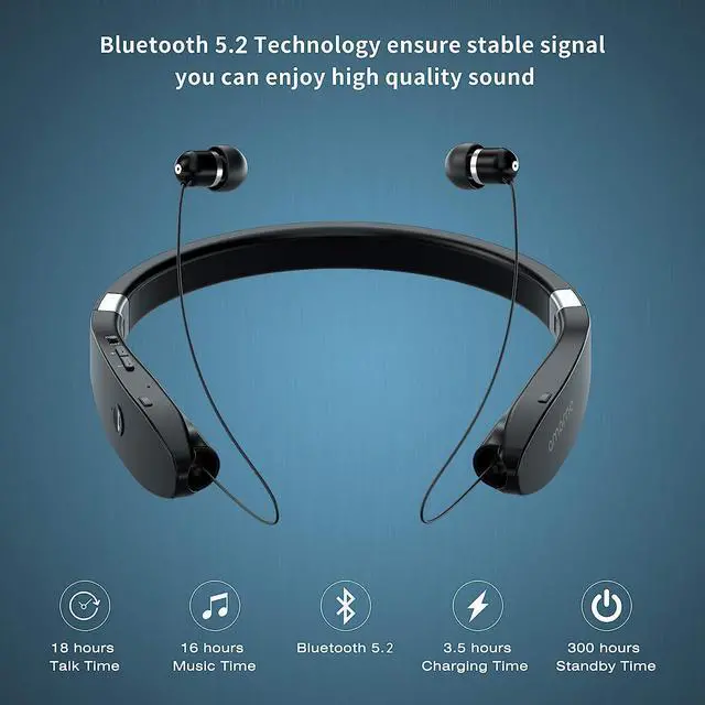 Alt view image 3 of 6 - Foldable Bluetooth Headphones Wireless Neckband Headset with Retractable Earbuds, Sports Sweatproof Noise Cancelling Stereo Earphones with Mic