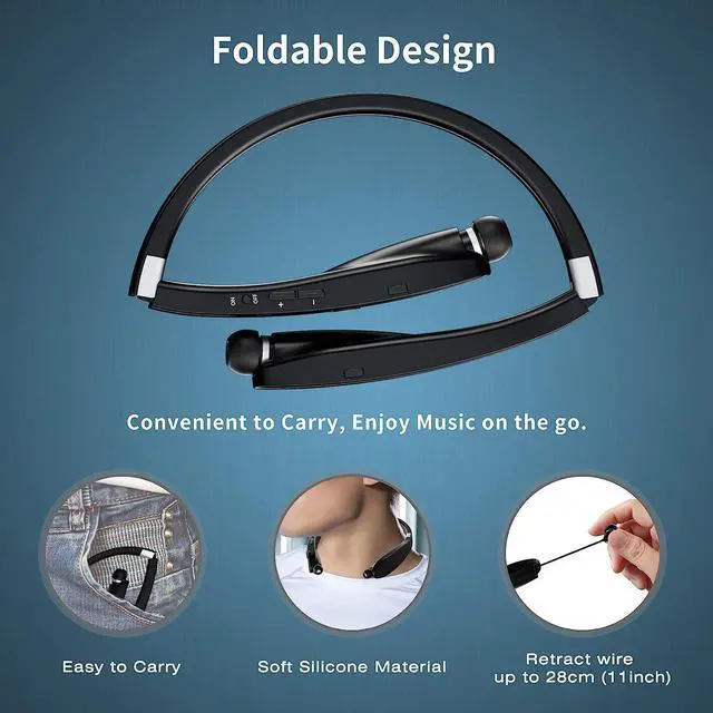 Alt view image 4 of 6 - Foldable Bluetooth Headphones Wireless Neckband Headset with Retractable Earbuds, Sports Sweatproof Noise Cancelling Stereo Earphones with Mic