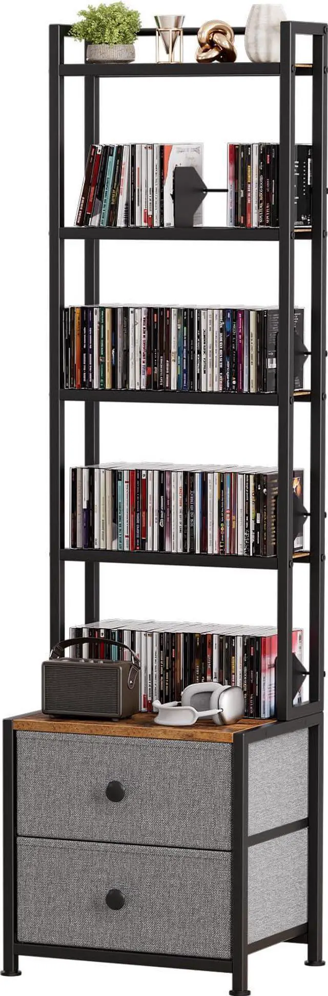 Main image of CD Storage Rack with Drawer, 5-Tier Media Storage Shelf | 56.5 in Tall Narrow DVD Shelf Tower, Books Video Game Shelfing Unit, Holds 200 CDs for Living Home Office Small Space