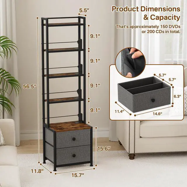Alt view image 3 of 6 - CD Storage Rack with Drawer, 5-Tier Media Storage Shelf | 56.5 in Tall Narrow DVD Shelf Tower, Books Video Game Shelfing Unit, Holds 200 CDs for Living Home Office Small Space